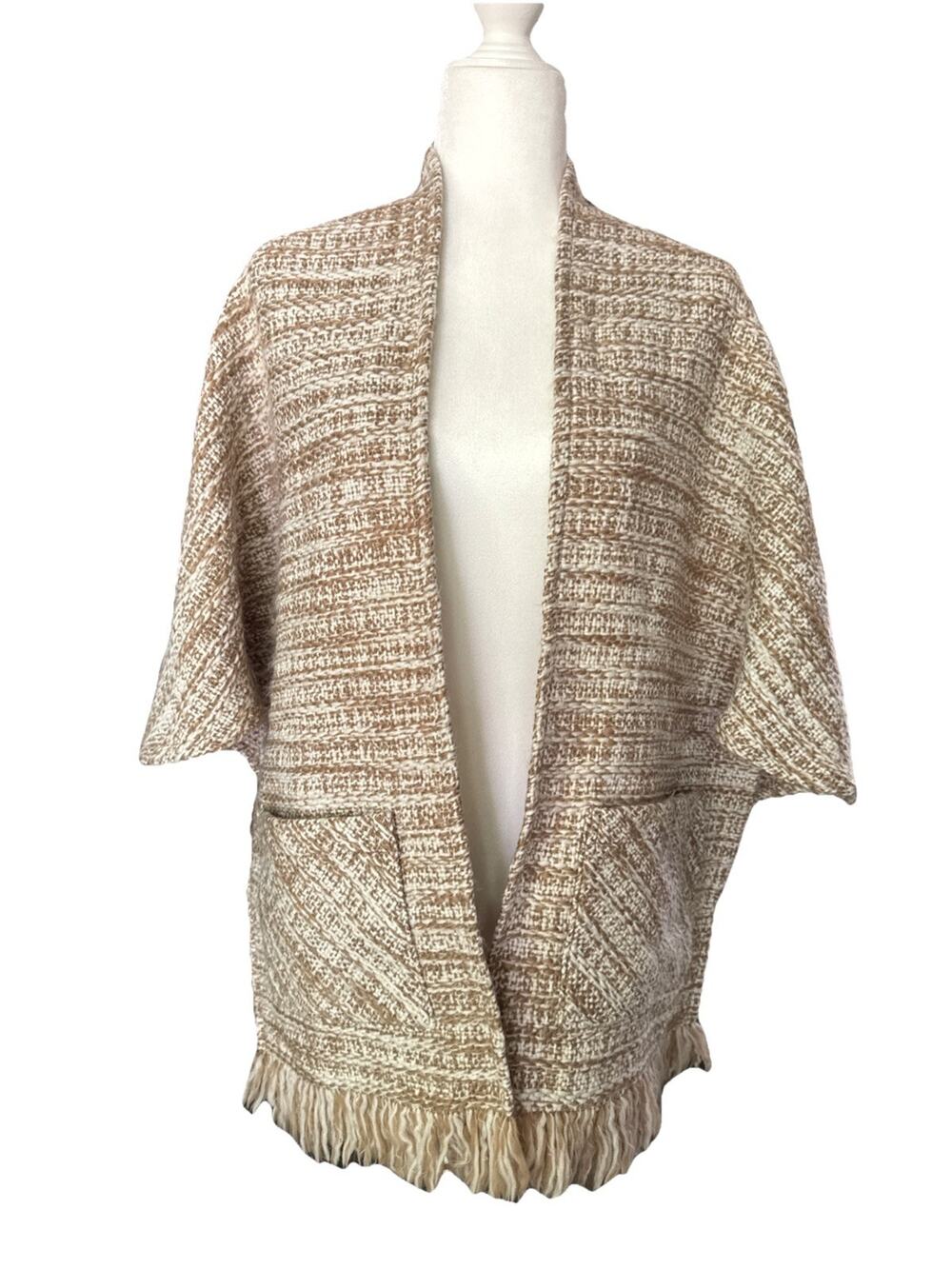 Boyne Vallley Weavers Shawl Handcrafted Ireland Women Brown Woven Fringe Pocket